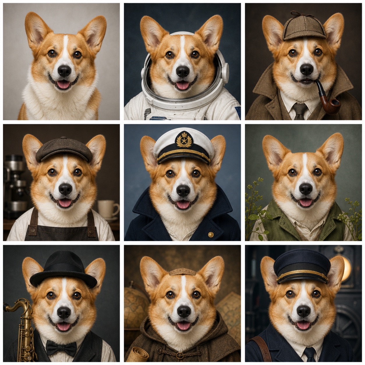 Demonstration contact sheet showing the same corgi as a reference photo and eight different characters